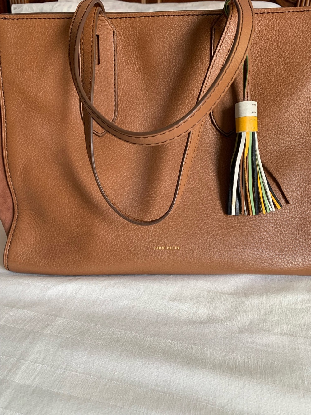 Anne Klein Brown Pebbled Leather Tote with multicolor Tag Charm
